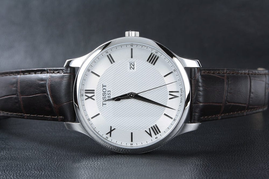 Tissot T Classic Tradition Silver Dial Brown Leather Strap Watch For Men - T063.610.16.038.00