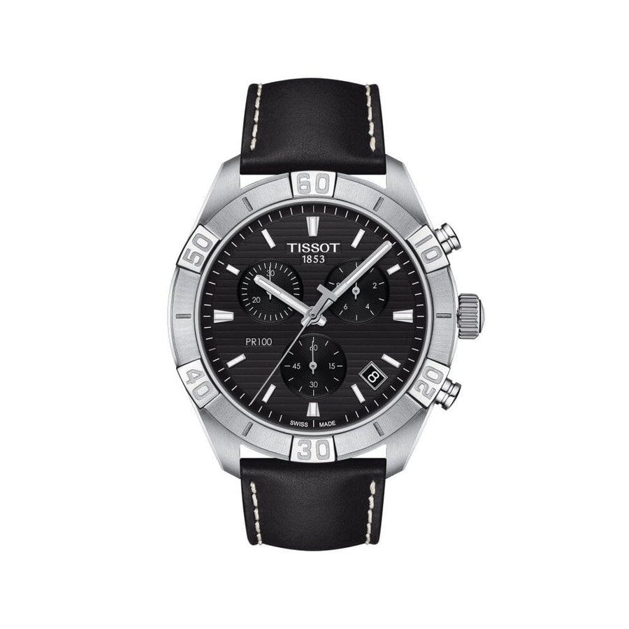 Tissot PR 100 Sport Quartz Chronograph Black Dial Black Leather Strap Watch For Men - T101.617.16.051.00