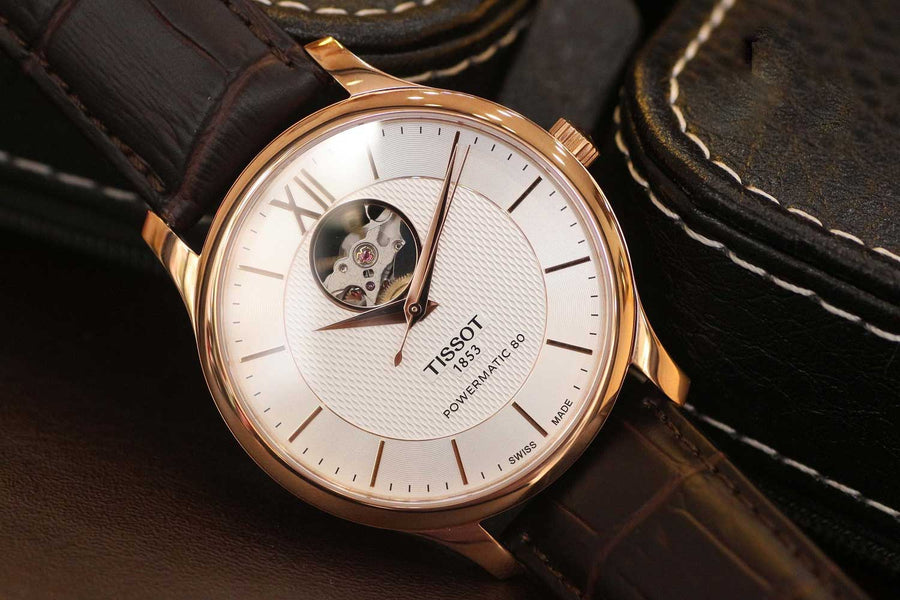 Tissot Tradition Powermatic 80 Open Heart Silver Dial Brown Leather Strap Watch For Men - T063.907.36.038.00