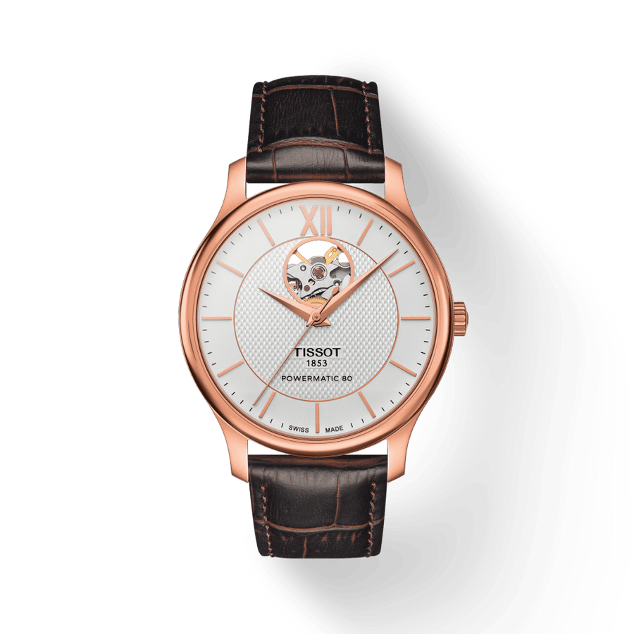 Tissot Tradition Powermatic 80 Open Heart Silver Dial Brown Leather Strap Watch For Men - T063.907.36.038.00