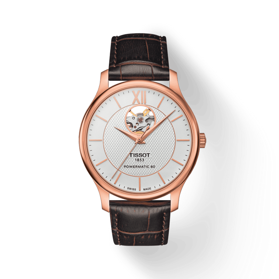 Tissot Tradition Powermatic 80 Open Heart Silver Dial Brown Leather Strap Watch For Men - T063.907.36.038.00