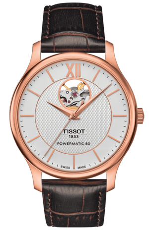 Tissot Tradition Powermatic 80 Open Heart Silver Dial Brown Leather Strap Watch For Men - T063.907.36.038.00