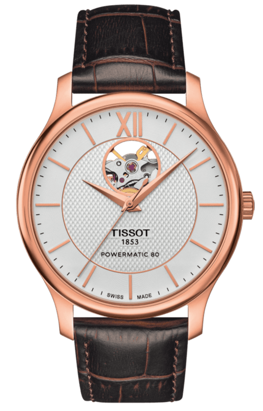 Tissot Tradition Powermatic 80 Open Heart Silver Dial Brown Leather Strap Watch For Men - T063.907.36.038.00