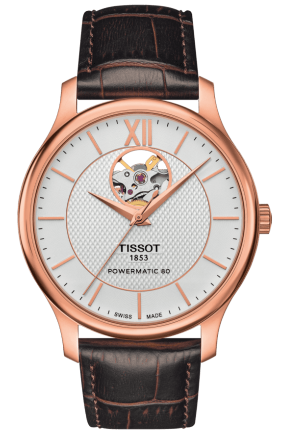 Tissot Tradition Powermatic 80 Open Heart Silver Dial Brown Leather Strap Watch For Men - T063.907.36.038.00