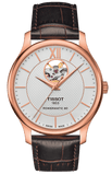 Tissot Tradition Powermatic 80 Open Heart Silver Dial Brown Leather Strap Watch For Men - T063.907.36.038.00