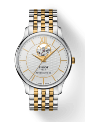 Tissot Tradition Powermatic 80 Open Heart Silver Dial Two Tone Steel Strap Watch For Men - T063.907.22.038.00