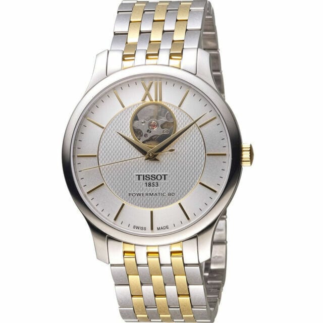Tissot Tradition Powermatic 80 Open Heart Silver Dial Two Tone Steel Strap Watch For Men - T063.907.22.038.00