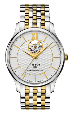 Tissot Tradition Powermatic 80 Open Heart Silver Dial Two Tone Steel Strap Watch For Men - T063.907.22.038.00