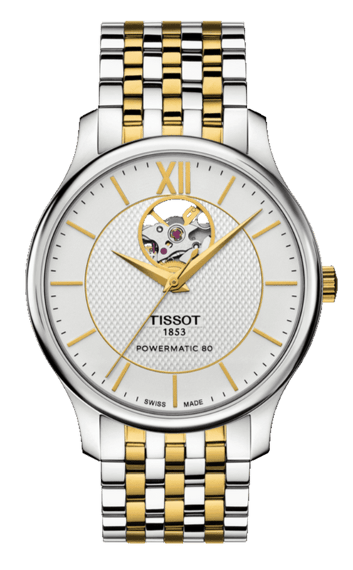 Tissot Tradition Powermatic 80 Open Heart Silver Dial Two Tone Steel Strap Watch For Men - T063.907.22.038.00