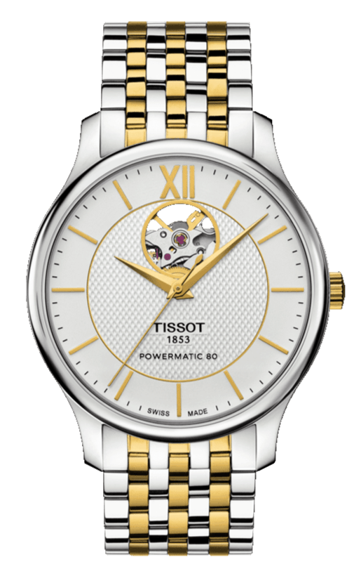 Tissot Tradition Powermatic 80 Open Heart Silver Dial Two Tone Steel Strap Watch For Men - T063.907.22.038.00