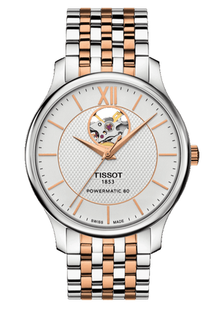 Tissot Tradition Powermatic 80 Open Heart Silver Dial Two Tone Steel Strap Watch For Men - T063.907.22.038.01