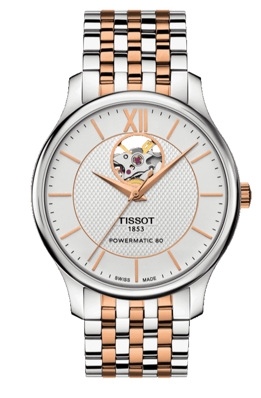 Tissot Tradition Powermatic 80 Open Heart Silver Dial Two Tone Steel Strap Watch For Men - T063.907.22.038.01