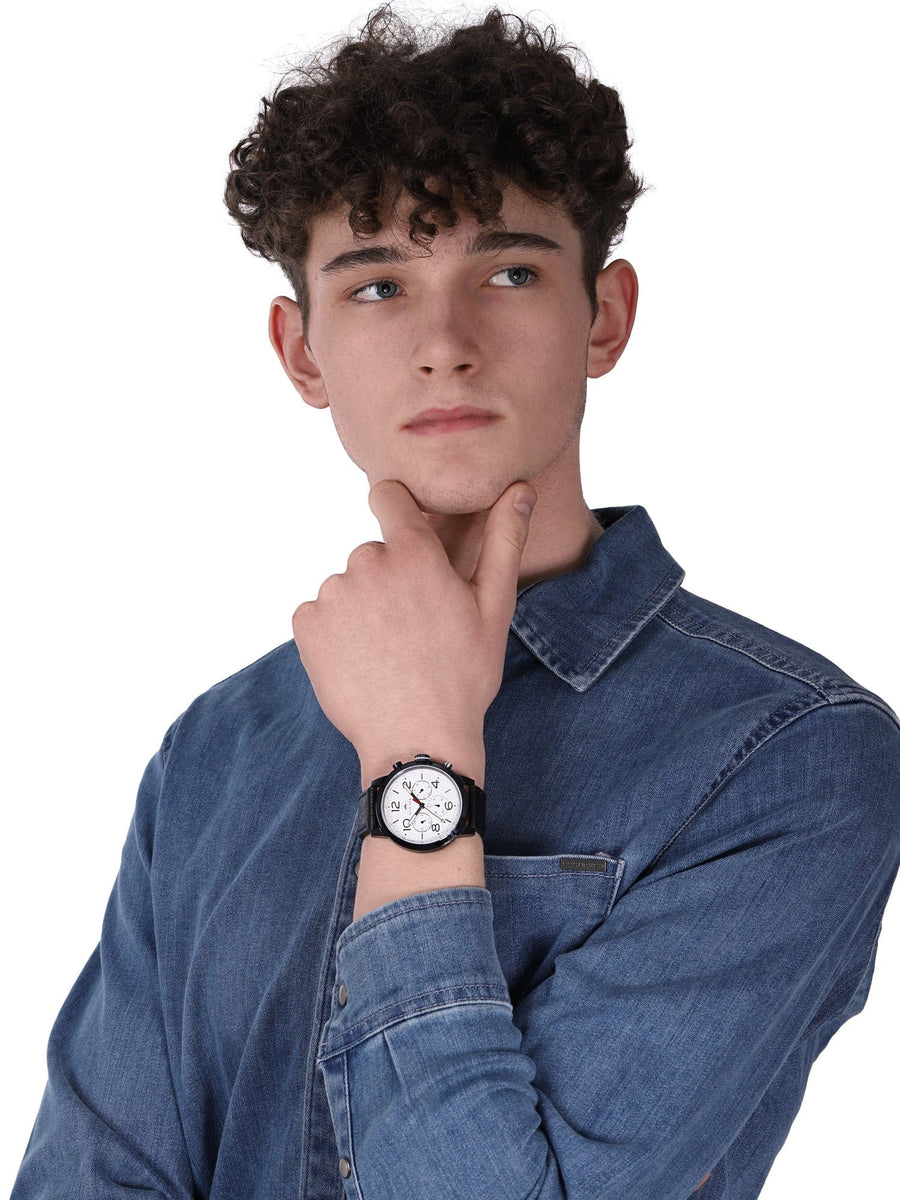 Tommy Hilfiger Jake Multi Function Quartz White Dial Black Leather Strap Watch for Men - 1791235