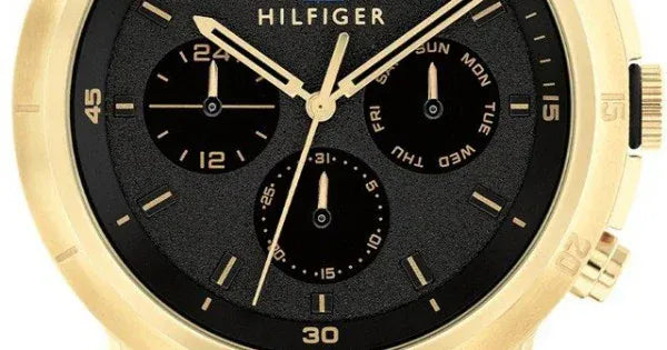 Tommy Hilfiger Troy Chronograph Black Dial Gold Steel Strap Watch For Men - 1792109