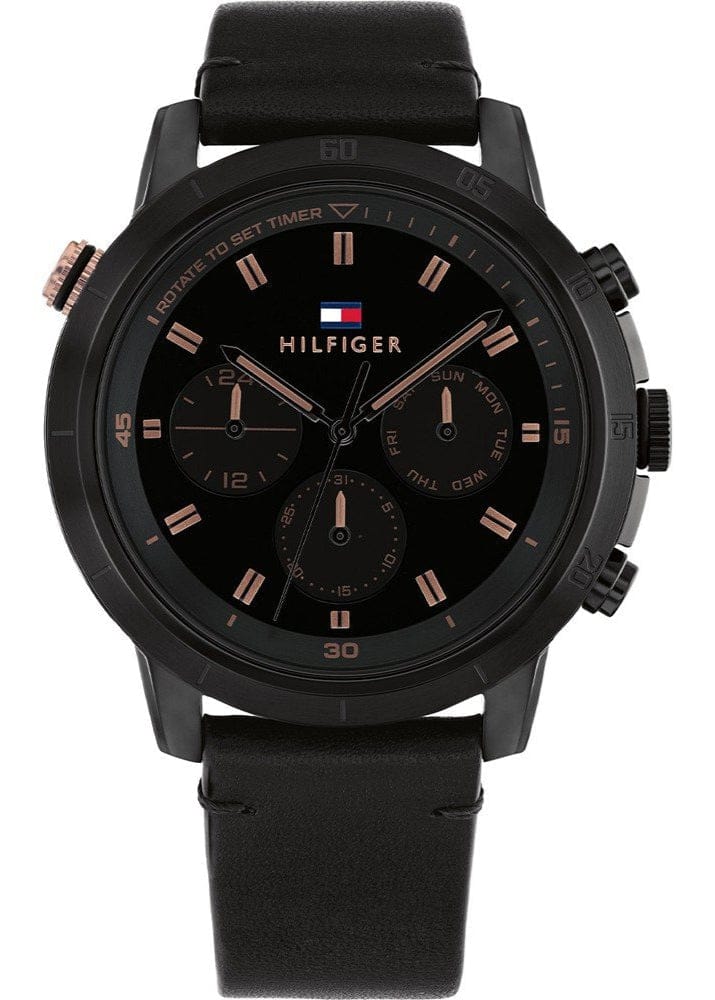 Tommy Hilfiger Troy Chronograph Black Dial Black Leather Strap Watch For Men - 1792110