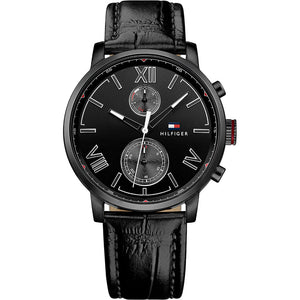 Tommy Hilfiger Aden Chronograph Black Dial Black Leather Strap Watch for Men - 1791310