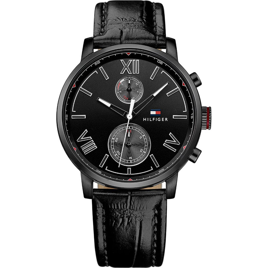 Tommy Hilfiger Aden Chronograph Black Dial Black Leather Strap Watch for Men - 1791310