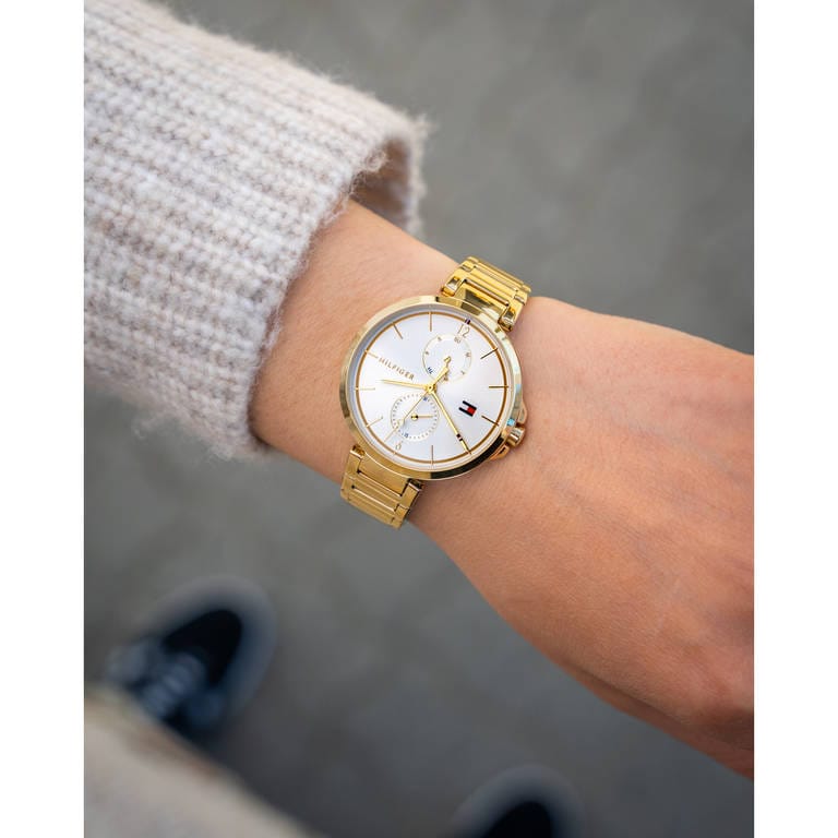 Tommy Hilfiger Angela White Dial Gold Steel Strap Watch for Women - 1782128
