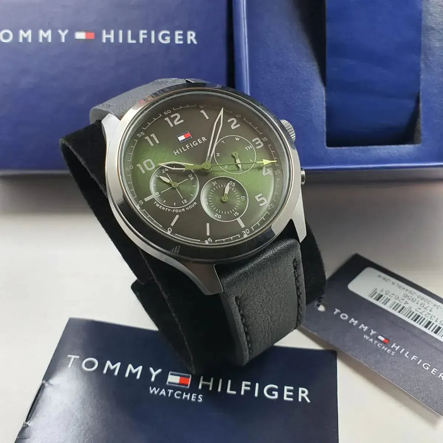 Tommy Hilfiger Asher Chronograph Green Dial Black Leather Strap Watch For Men - 1791856
