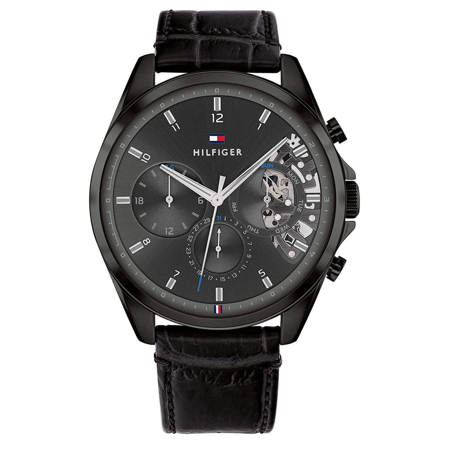 Tommy Hilfiger Baker Chronograph Black Dial Black Leather Strap Watch For Men  - 1710452