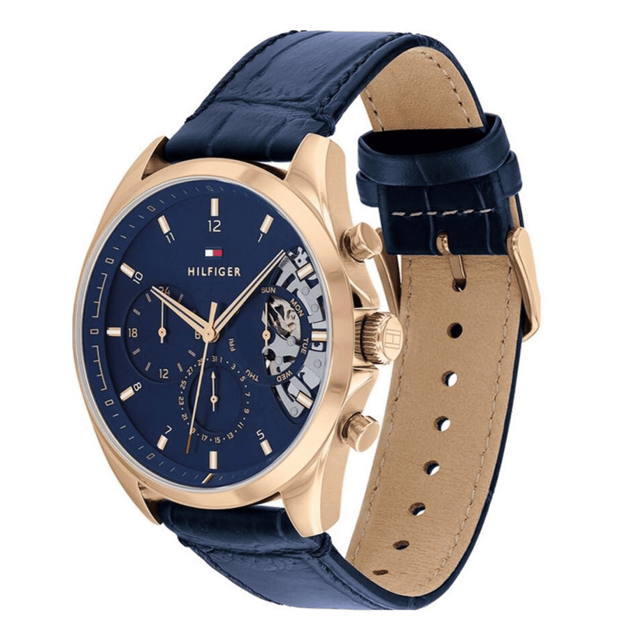 Tommy Hilfiger Baker Chronograph Quartz Blue Dial Blue Leather Strap Watch For Men - 1710451