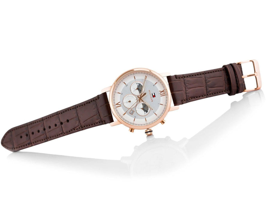 Tommy Hilfiger Evan White Dial Brown Leather Strap Watch for Men - 1710394