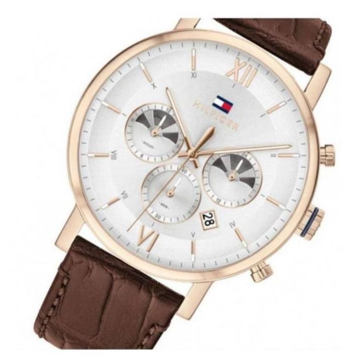Tommy Hilfiger Evan White Dial Brown Leather Strap Watch for Men - 1710394