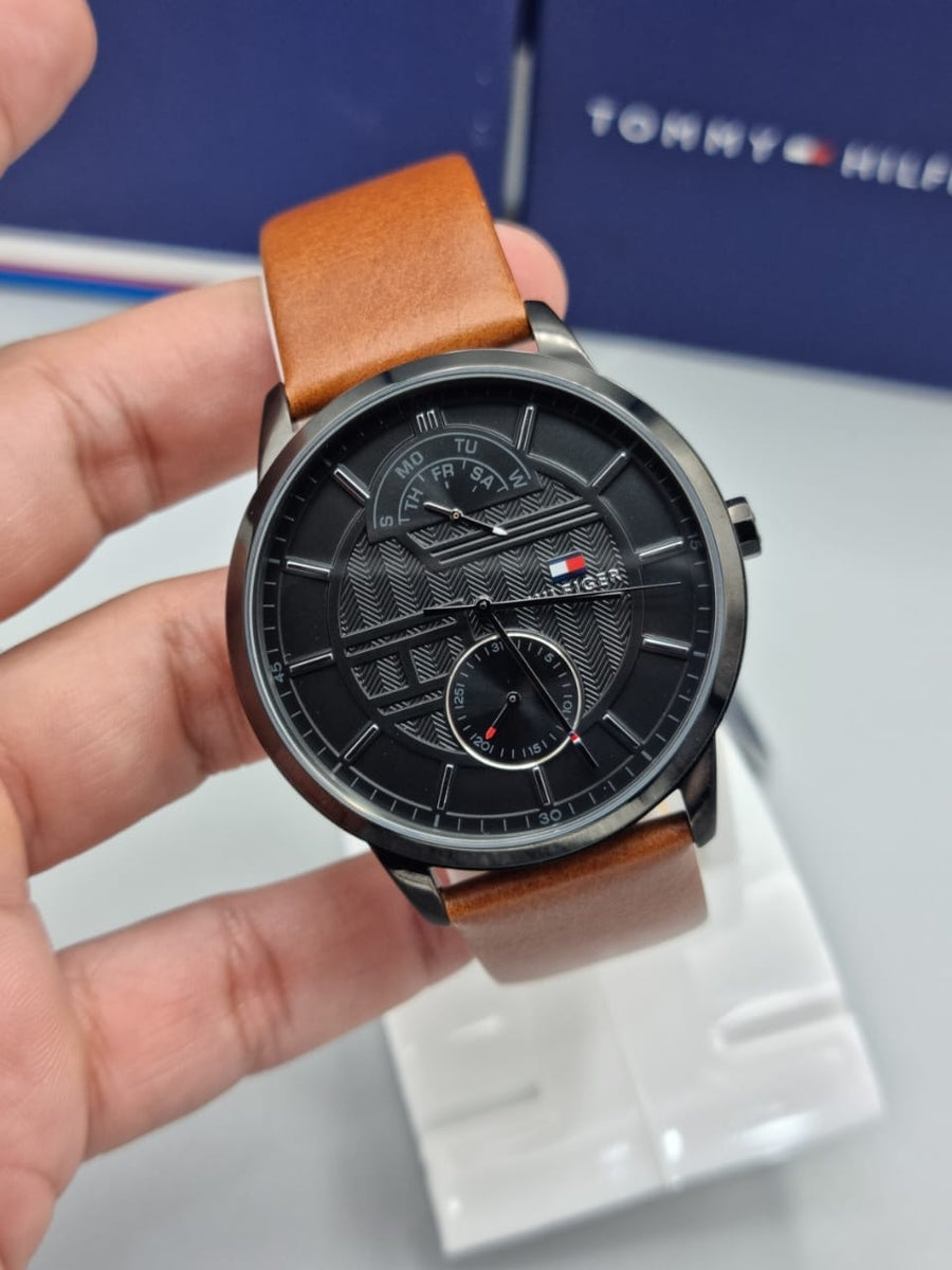 Tommy Hilfiger Hunter Black Dial Brown Leather Strap Watch for Men - 1791604