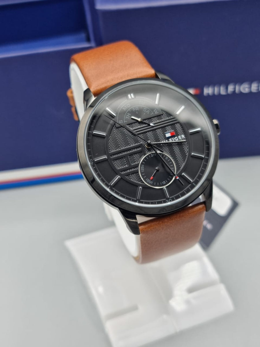 Tommy Hilfiger Hunter Black Dial Brown Leather Strap Watch for Men - 1791604