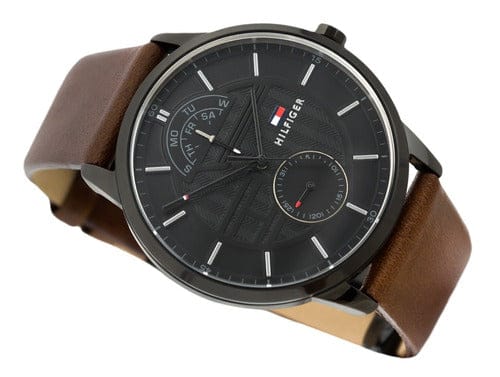 Tommy Hilfiger Hunter Black Dial Brown Leather Strap Watch for Men - 1791604