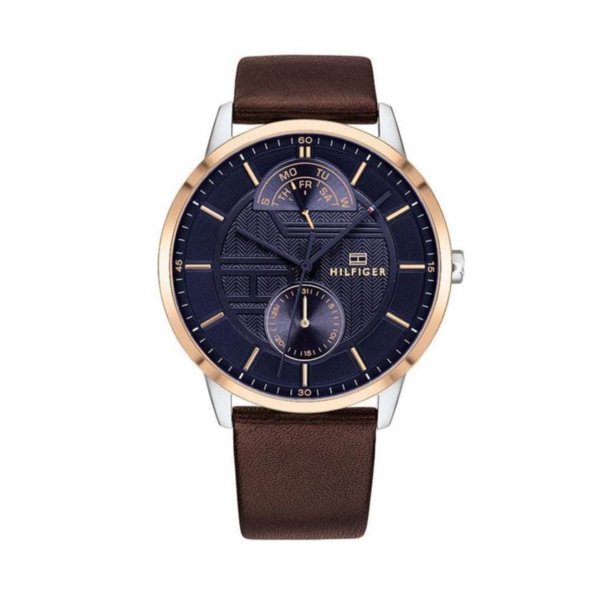 Tommy Hilfiger Hunter Blue Dial Brown Leather Strap Watch for Men - 1791605