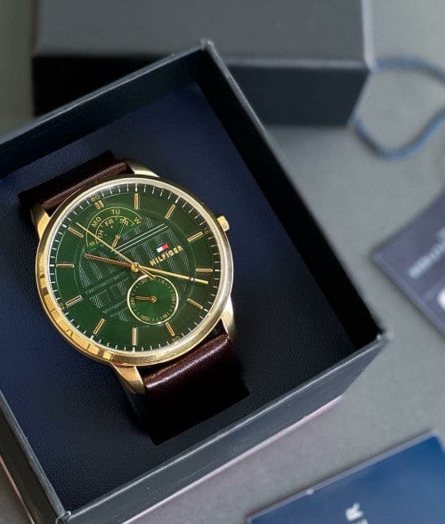 Tommy Hilfiger Hunter Green Dial Brown Leather Strap Watch for Men - 1791607