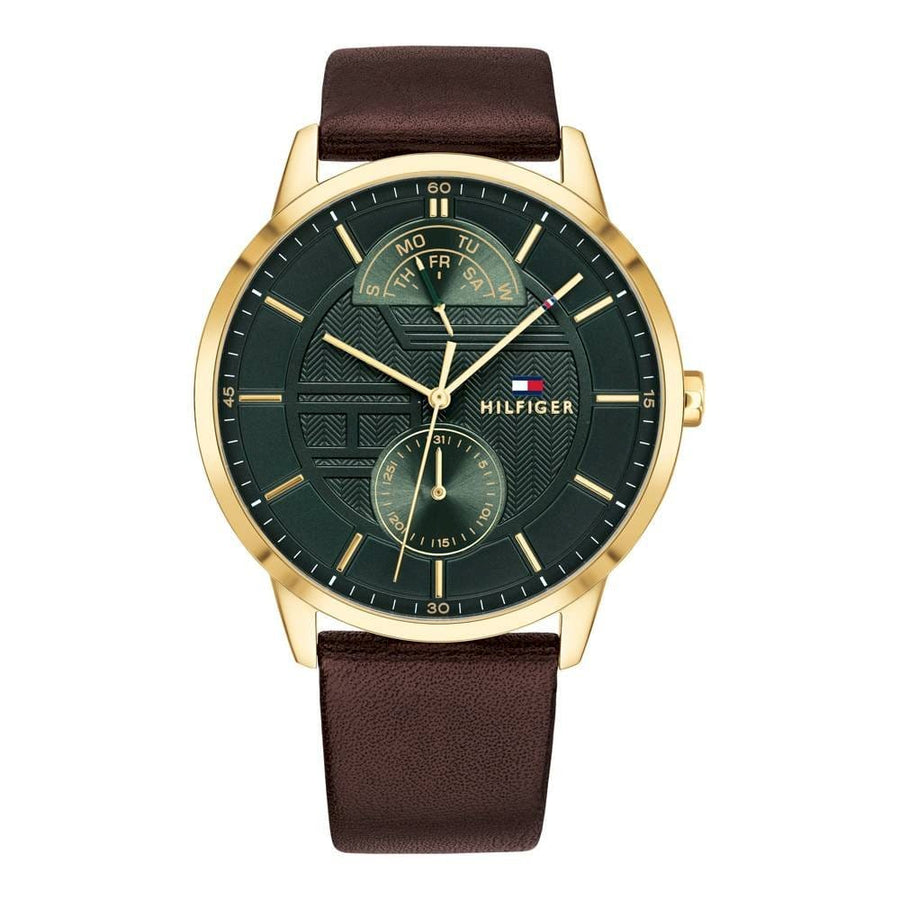 Tommy Hilfiger Hunter Green Dial Brown Leather Strap Watch for Men - 1791607