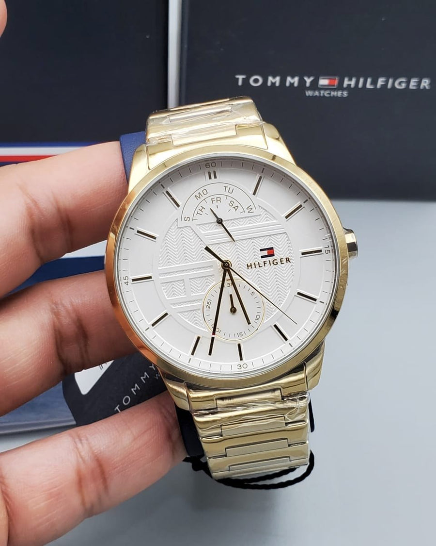 Tommy Hilfiger Hunter White Dial Gold Steel Strap Watch for Men - 1791609