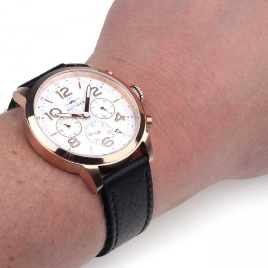 Tommy Hilfiger Jake Multifunction White Dial Black Leather Strap Watch for Men - 1791236