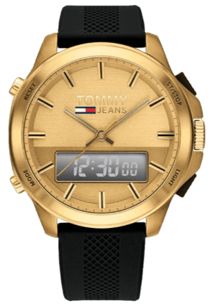 Tommy Hilfiger Jeans Digital Analog Gold Dial Black Rubber Strap Watch For Women  - 1791762