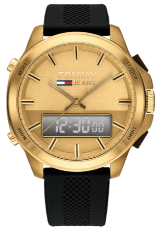 Tommy Hilfiger Jeans Digital Analog Gold Dial Black Rubber Strap Watch For Women  - 1791762