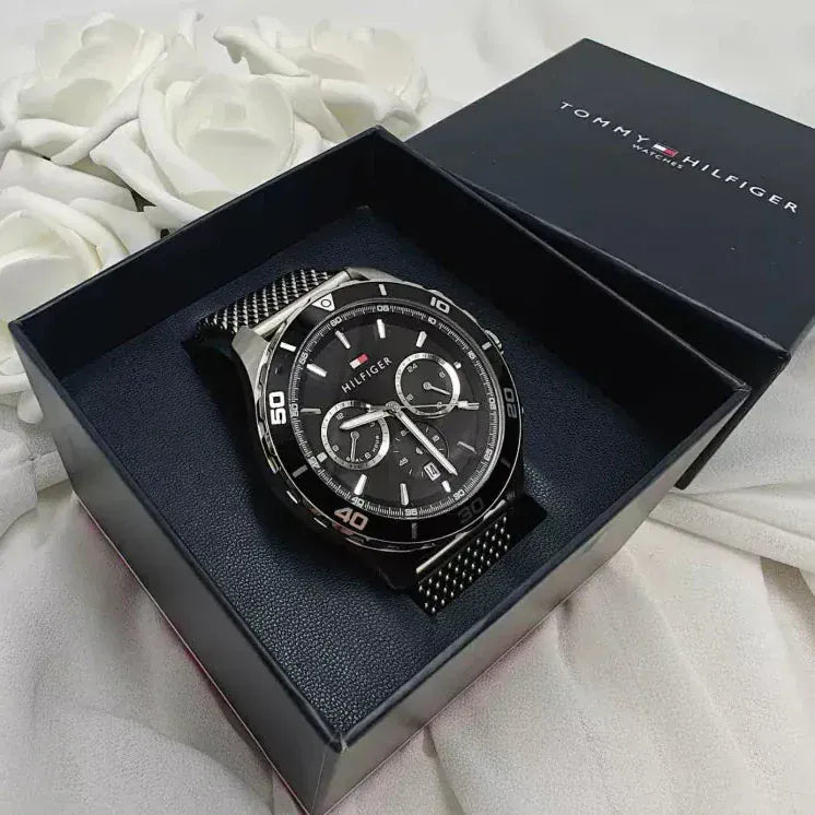 Tommy Hilfiger Jordan Chronograph Black Dial Silver Mesh Strap Watch For Men - 1792092