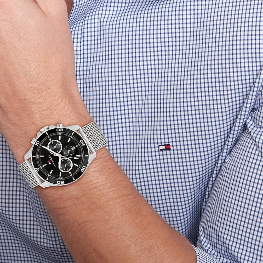 Tommy Hilfiger Jordan Chronograph Black Dial Silver Mesh Strap Watch For Men - 1792092