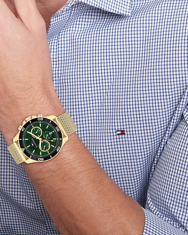 Tommy Hilfiger Jordan Chronograph Green Dial Gold Mesh Strap Watch For Men - 1792093