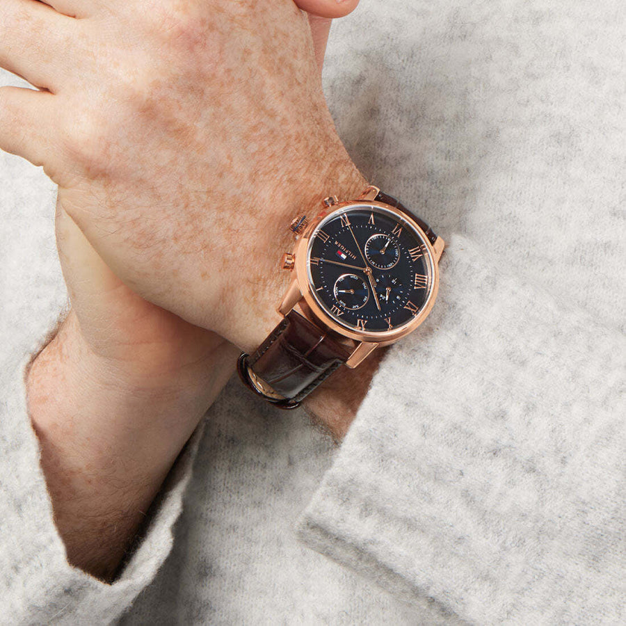 Tommy Hilfiger Kane Chronograph Blue Dial Brown Leather Strap Watch for Men - 1791399