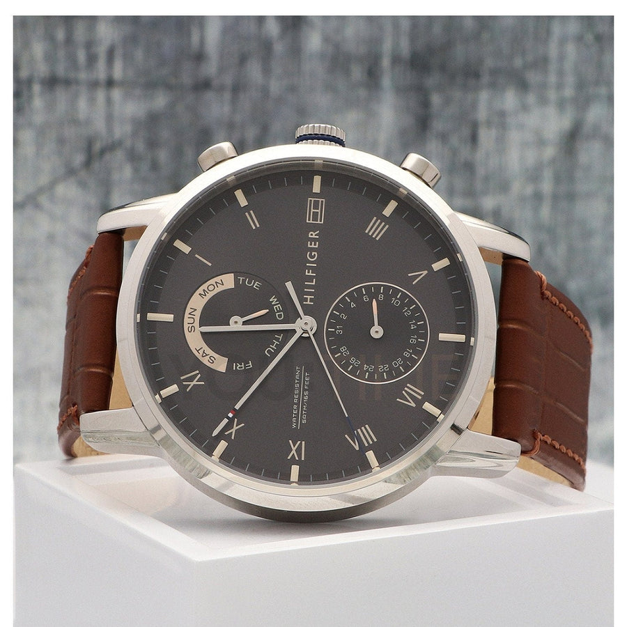 Tommy Hilfiger Kane Grey Dial Brown Leather Strap Watch for Men - 1710398