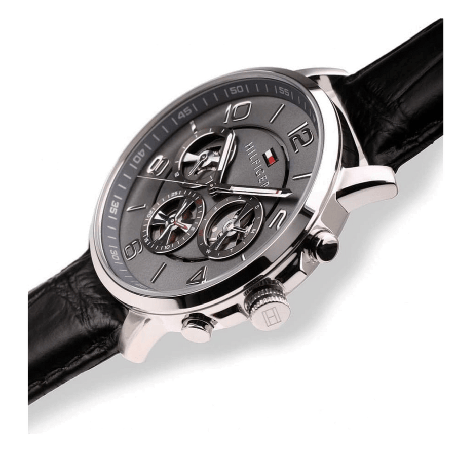 Tommy Hilfiger Keagan Quartz Grey Dial Black Leather Strap Watch for Men - 1791289