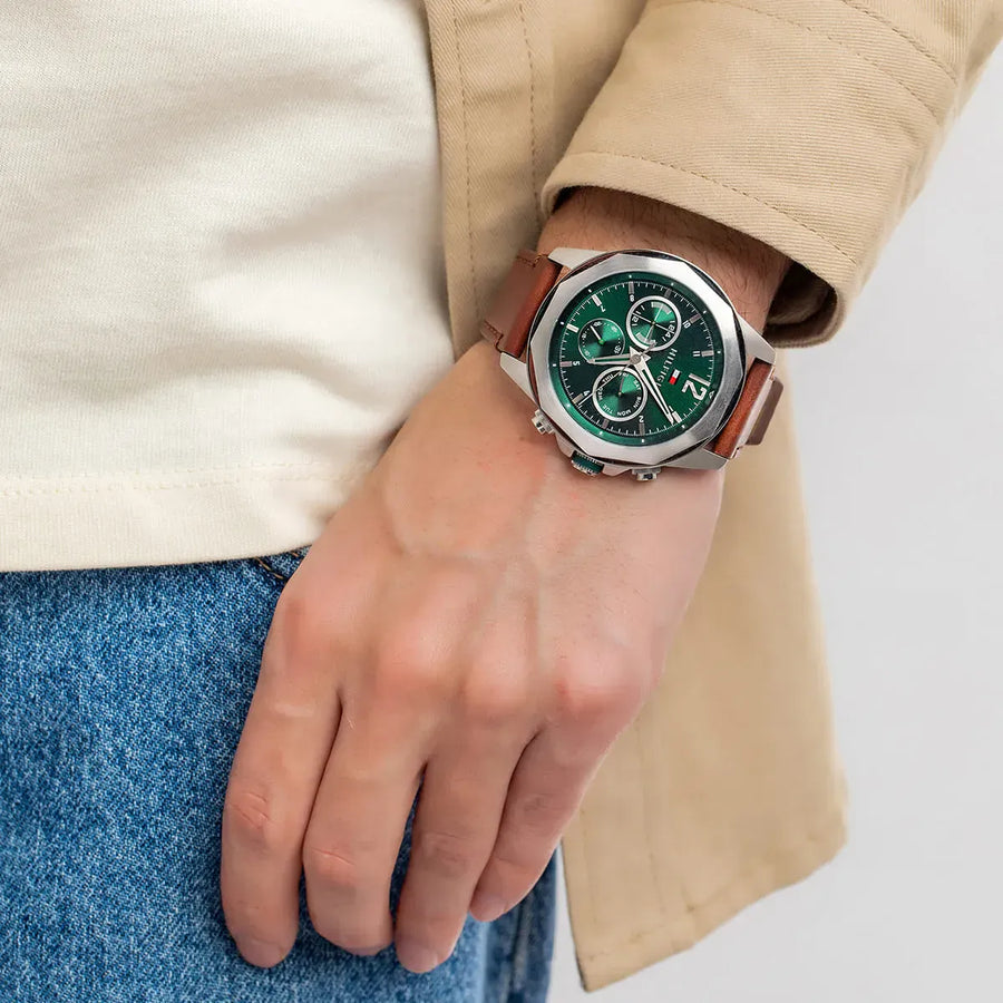 Tommy Hilfiger Lars Chronograph Green Dial Brown Leather Strap Watch For Men - 1792064