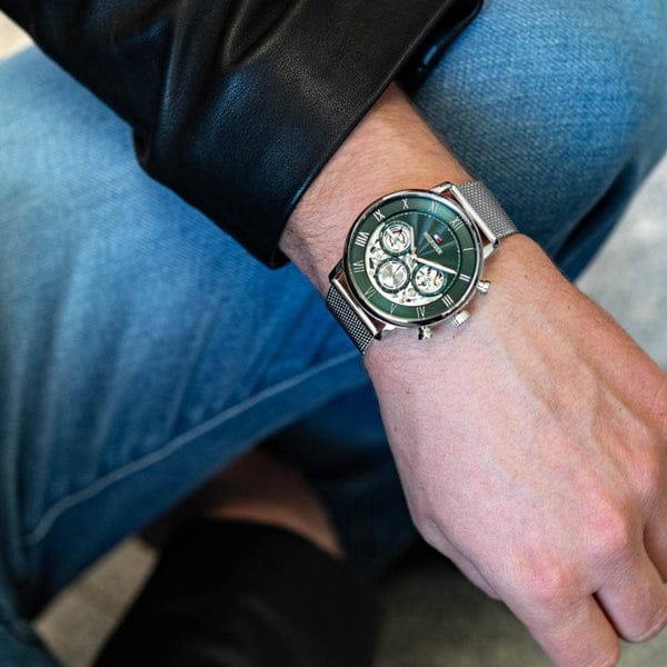 Tommy Hilfiger Legend Chronograph Green Dial Silver Mesh Bracelet Watch For Men - 1710567