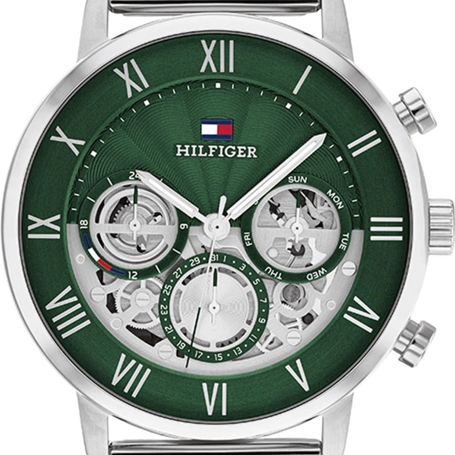 Tommy Hilfiger Legend Chronograph Green Dial Silver Mesh Bracelet Watch For Men - 1710567