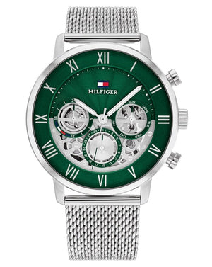 Tommy Hilfiger Legend Chronograph Green Dial Silver Mesh Bracelet Watch For Men - 1710567