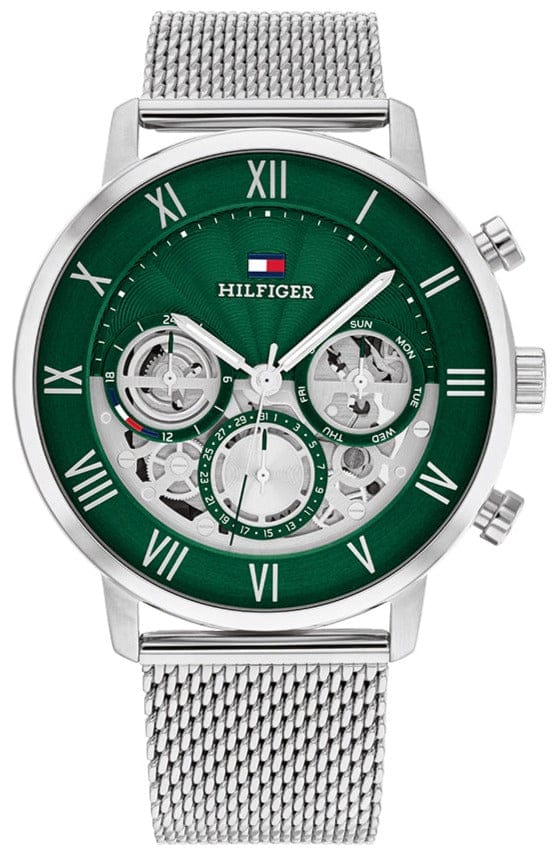 Tommy Hilfiger Legend Chronograph Green Dial Silver Mesh Bracelet Watch For Men - 1710567