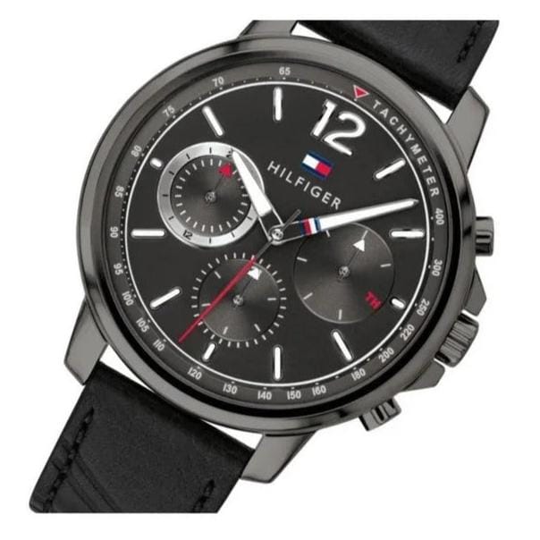 Tommy Hilfiger London Chronograph Grey Dial Black Leather Strap Watch for Men - 1791533