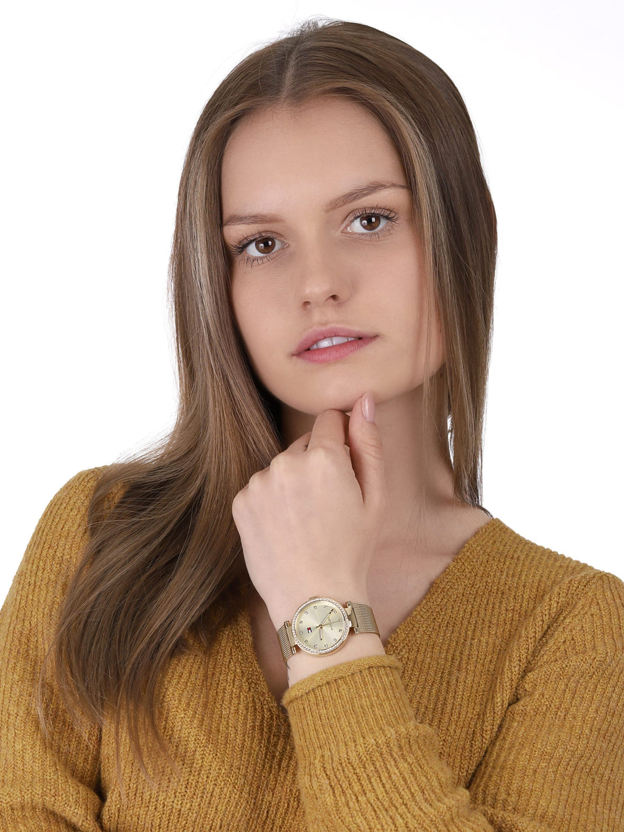 Tommy Hilfiger Lynn Quartz Gold Dial Gold Mesh Bracelet Watch For Women - 1781864